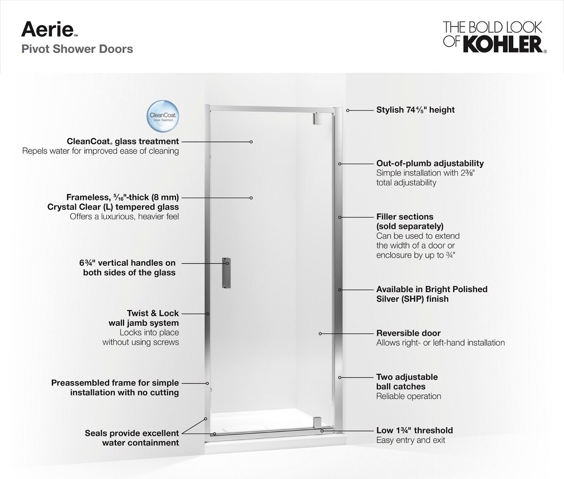 KOHLER Aerie 36 in. x 75 in. Frameless Pivot Shower Door in Bright Polished Silver with Handle K